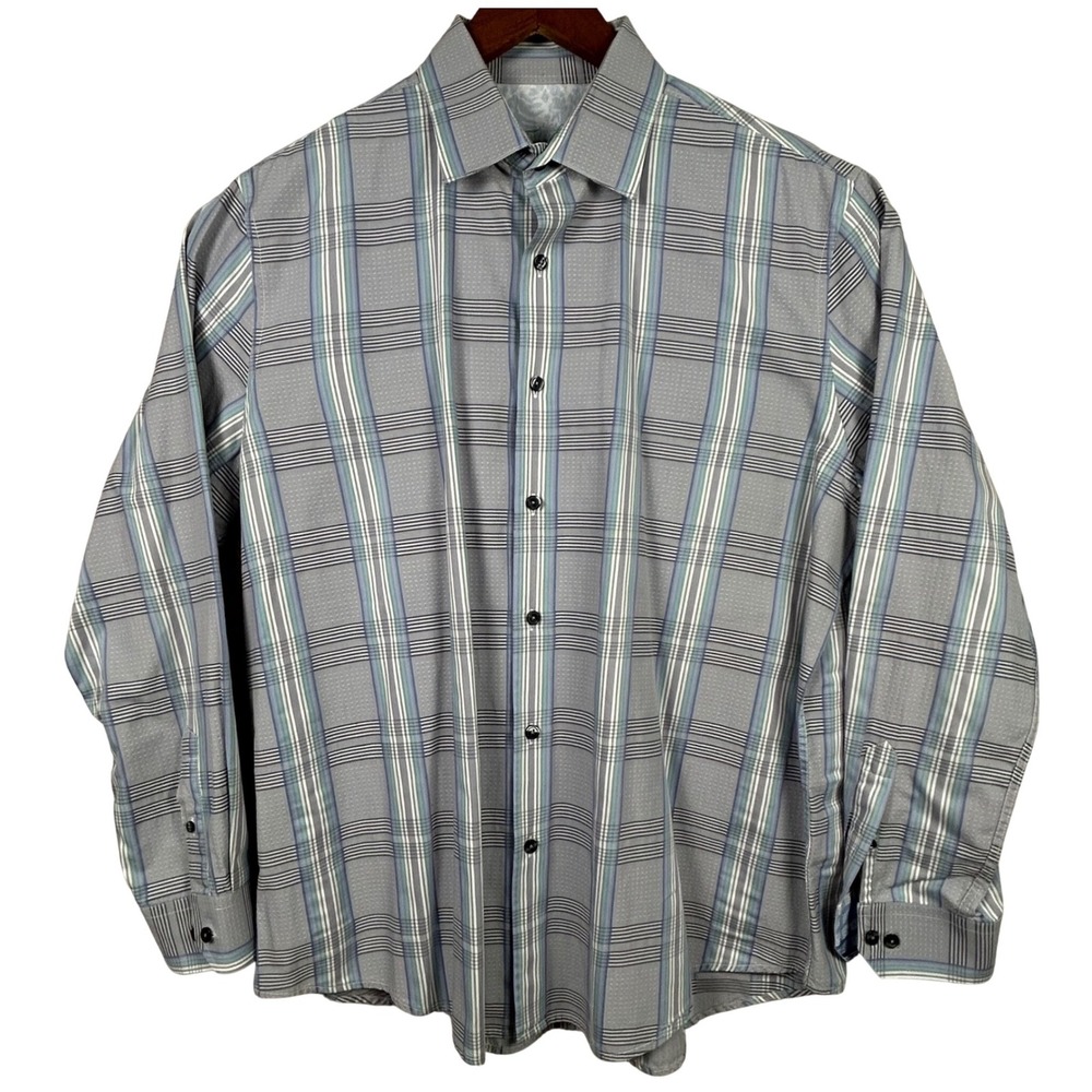 Tasso Elba Mens XL Gray Plaid Long Sleeve‎ Button Up Dress Shirt 17 17.5